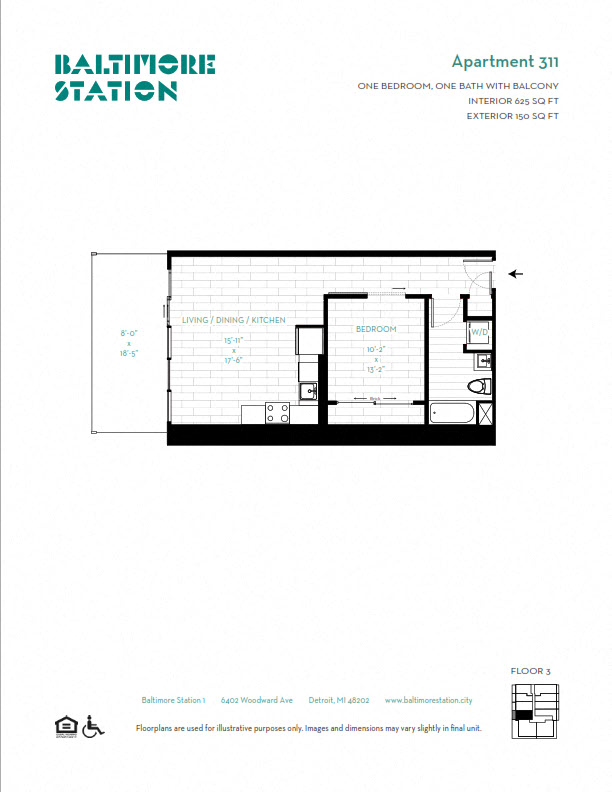 Floor plan for 1 bed, 1 bath, 625 sqft